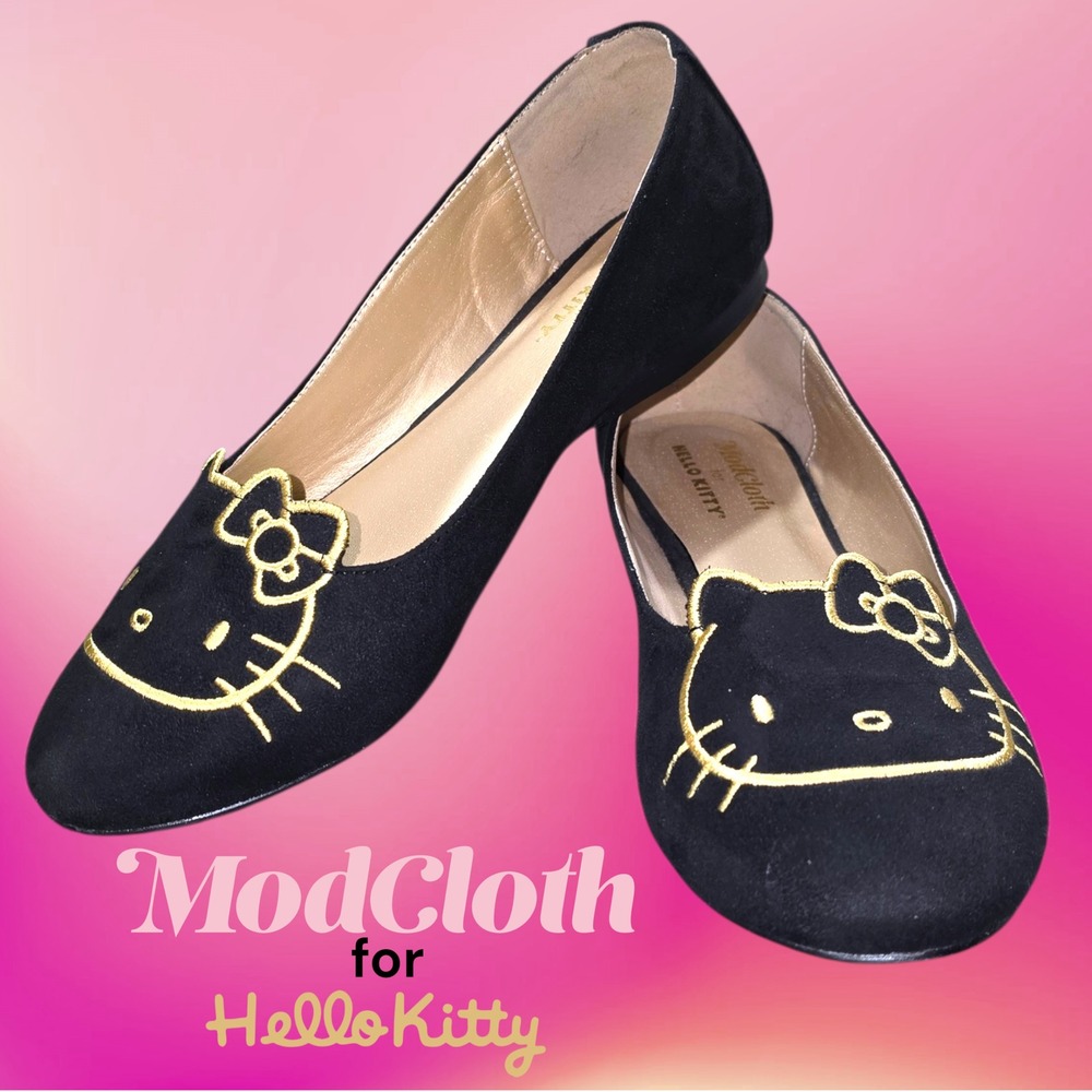 ModCloth Hello Kitty Ballet Flats Womens Gold Embroidered Black Suede Size 9